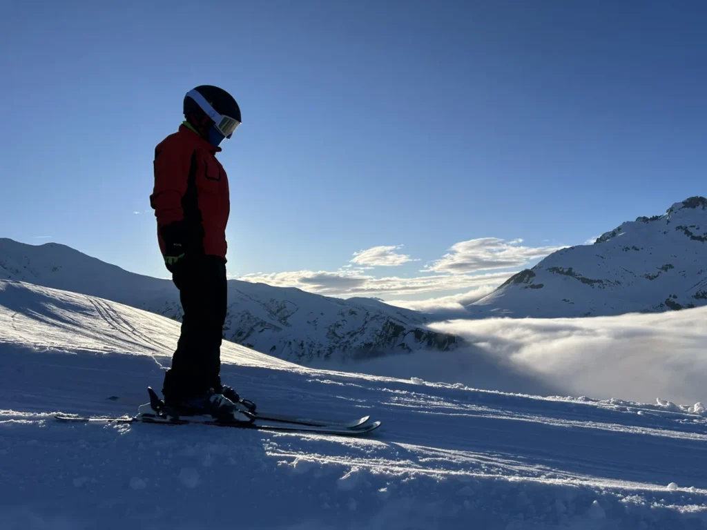 Skieur face aux reliefs enneigés et à la vallée